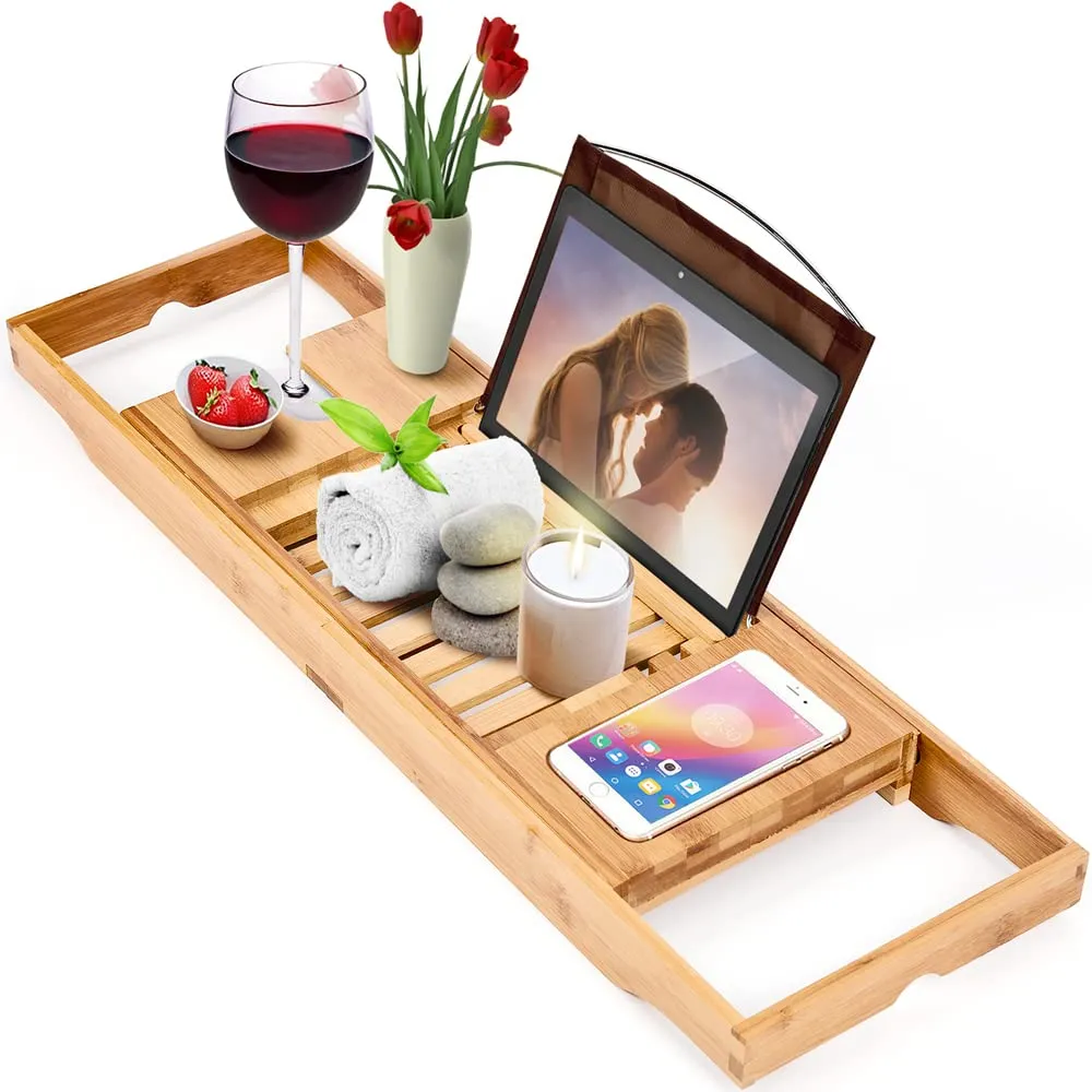 Bamboo Bathtub Tray - Expandable Bathroom Bathtub Table Tray With Reading