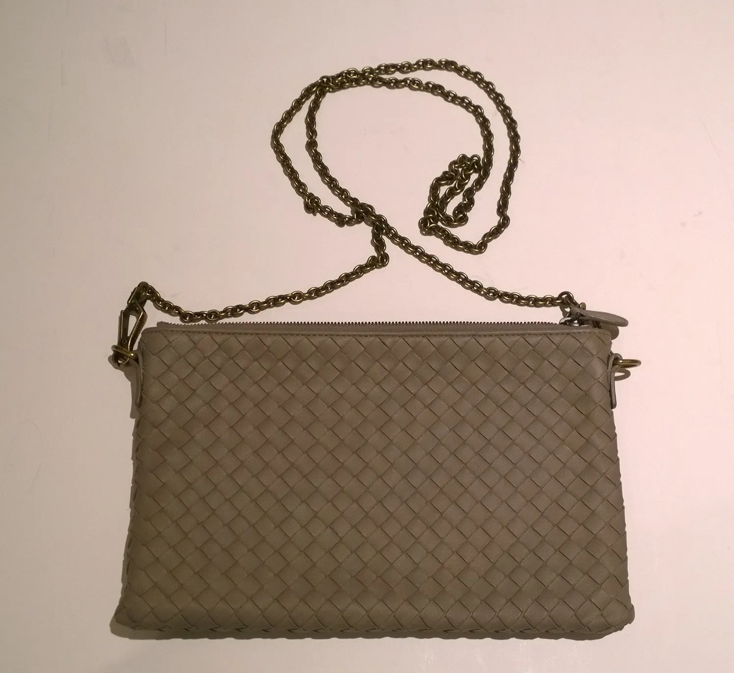 Bottega Veneta Oyster Leather Intrecciato Woven Chain Clutch Bag