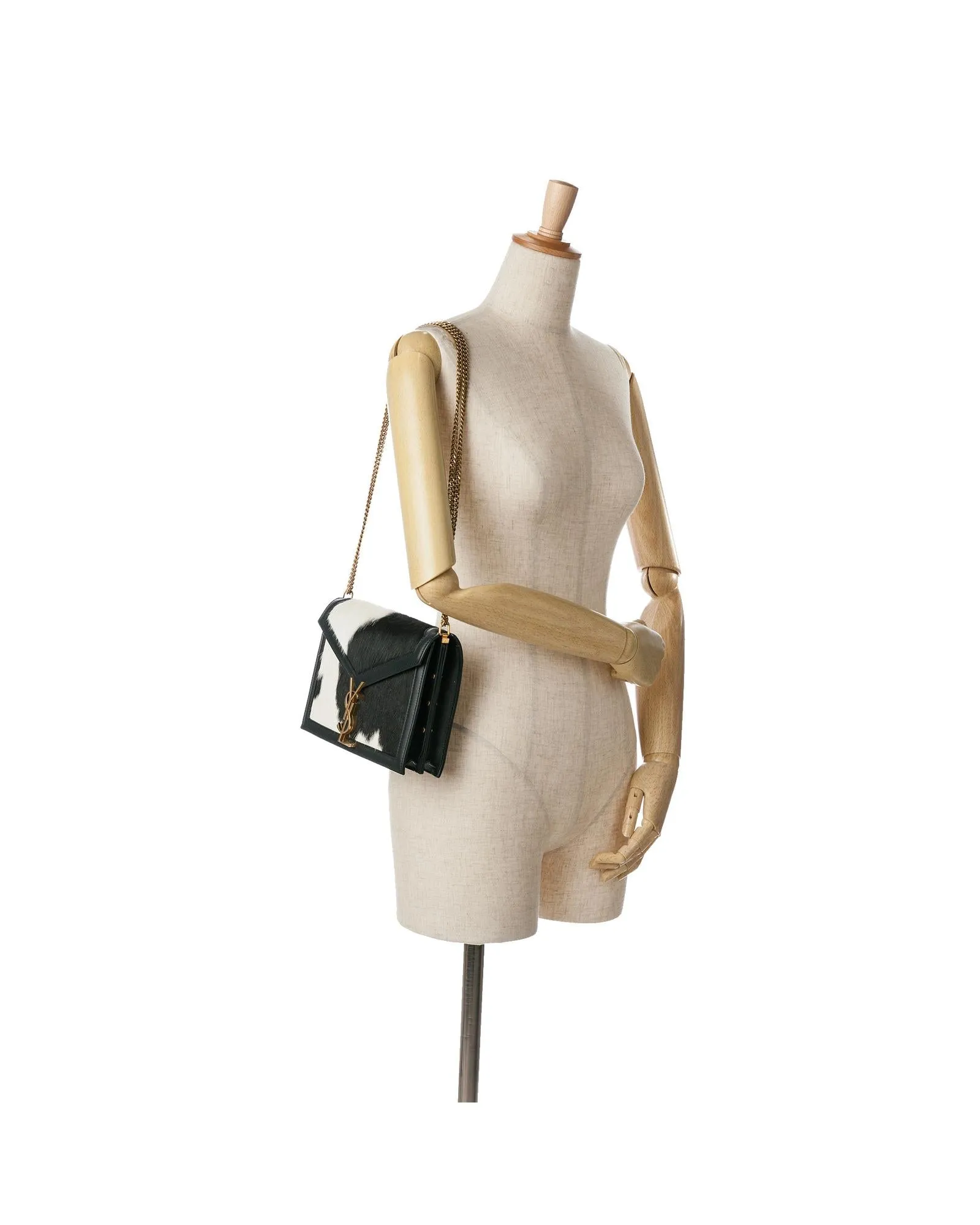 Calf Hair Leather Trim Crossbody Bag with Chain Strap and Metal Logo