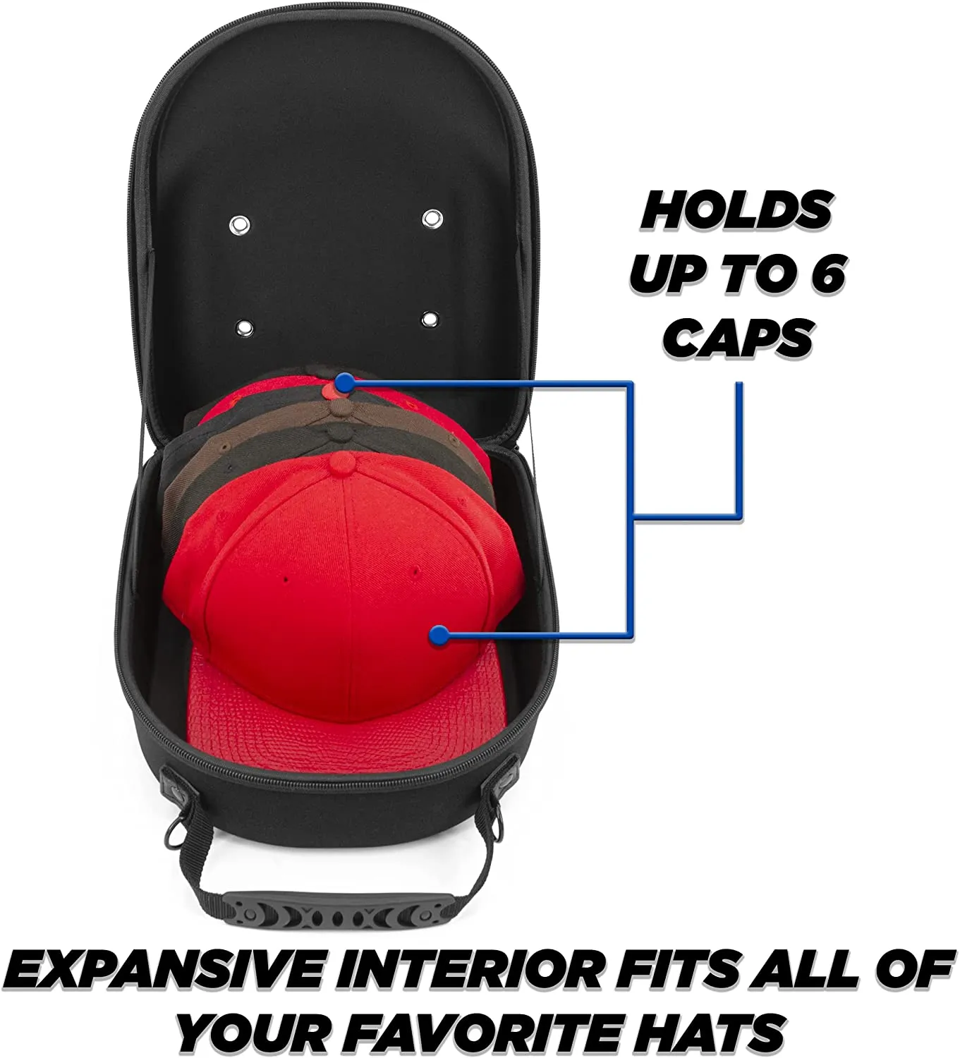 CASEMATIX Hat Travel Case for up to 6 Baseball Caps With Hard Shell Exterior, Adjustable Shoulder Strap and Carry Handle - Protective Hat Case