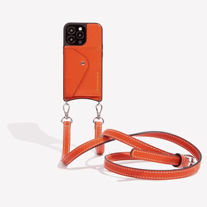 Casey Side Slot Pebble Leather Crossbody Bandolier - Orange/Silver