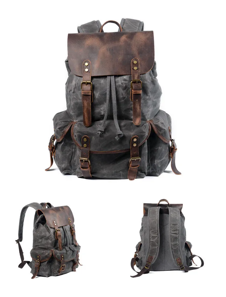 Casual Vintage Drawstrawing Waxed Canvas Hiking Rucksack 6105