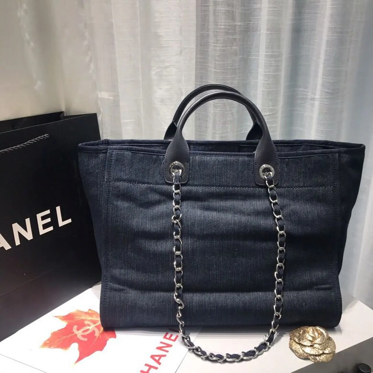 CHL Deauville Tote Canvas Bag Dark Blue Denim/White For Women 14.9in/38cm