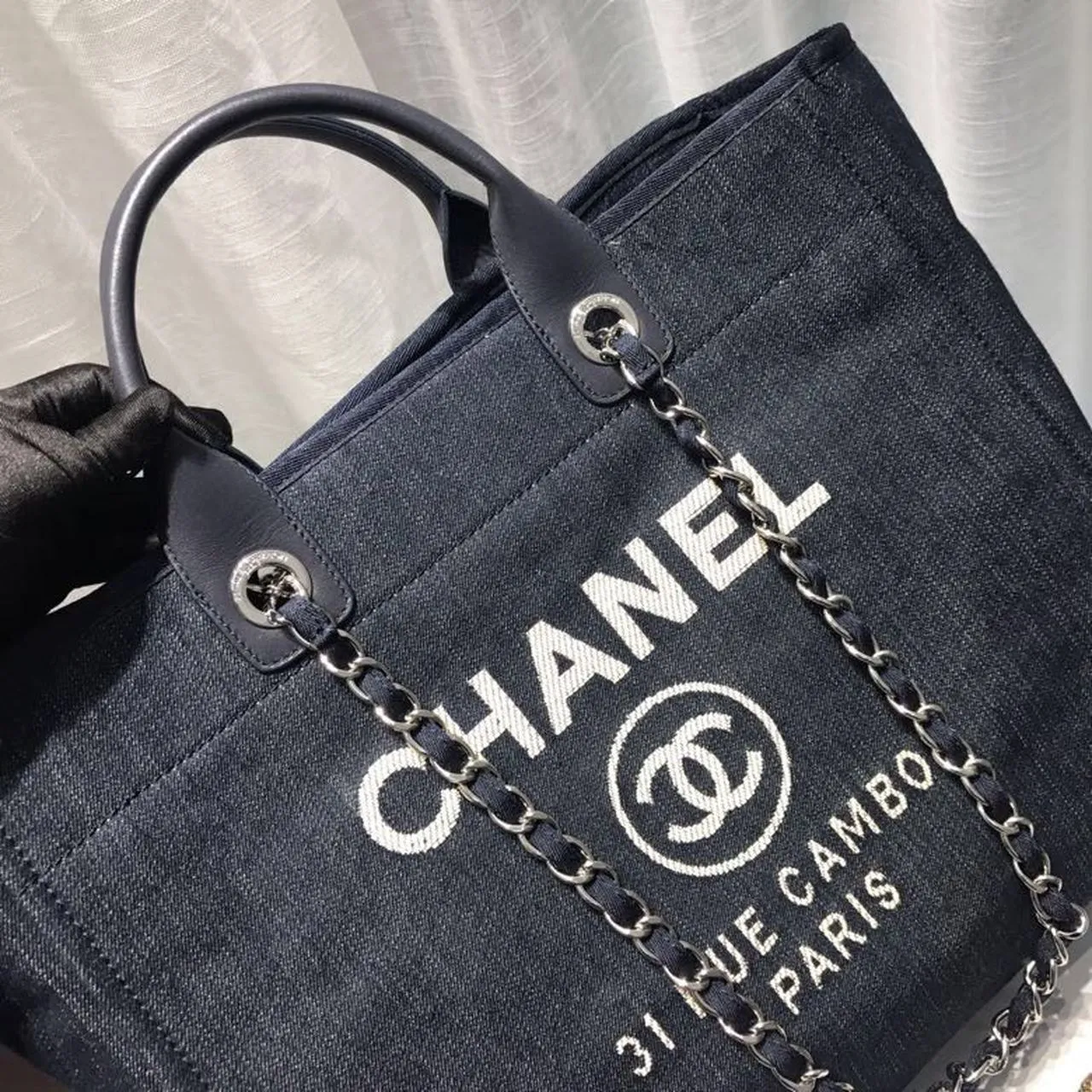 CHL Deauville Tote Canvas Bag Dark Blue Denim/White For Women 14.9in/38cm