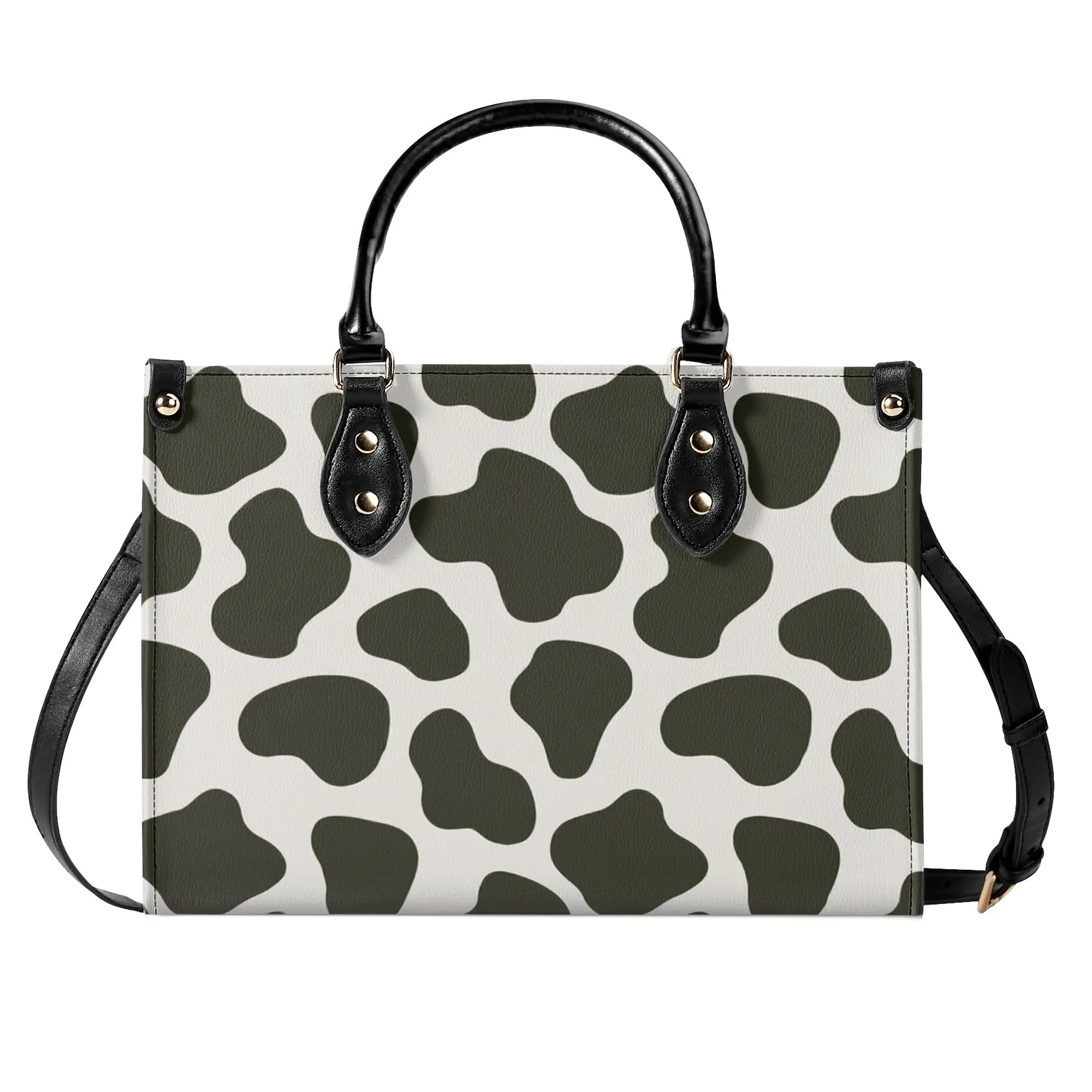 Cow Print Shoulder Purse, Animal Black White Pattern Crossbody Vegan Leather Top Handle Handbag Small Large Bag Women Ladies Designer Tote