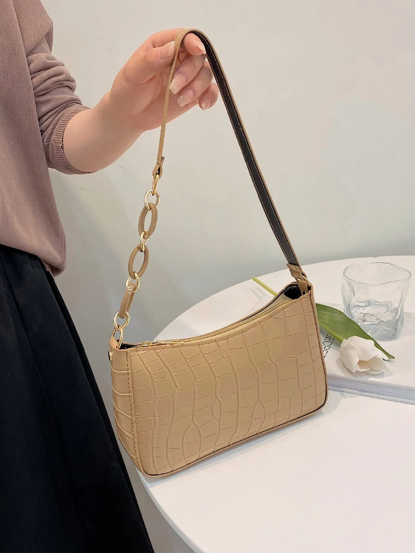 Croc Embossed Baguette Bag