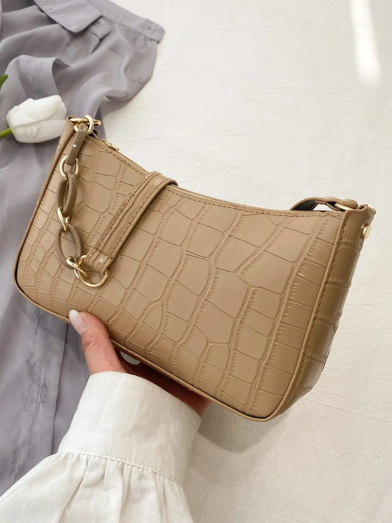 Croc Embossed Baguette Bag