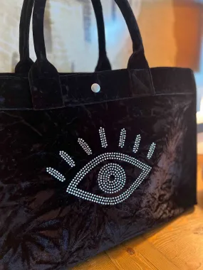 East West Bag: Black Crushed Velvet with Silver Crystal Evil Eye