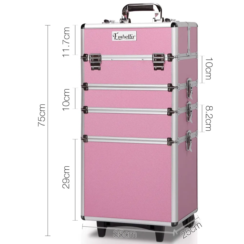 Embellir Makeup Case Beauty Trolley Cosmetic Organiser Box Travel Wheels Pink