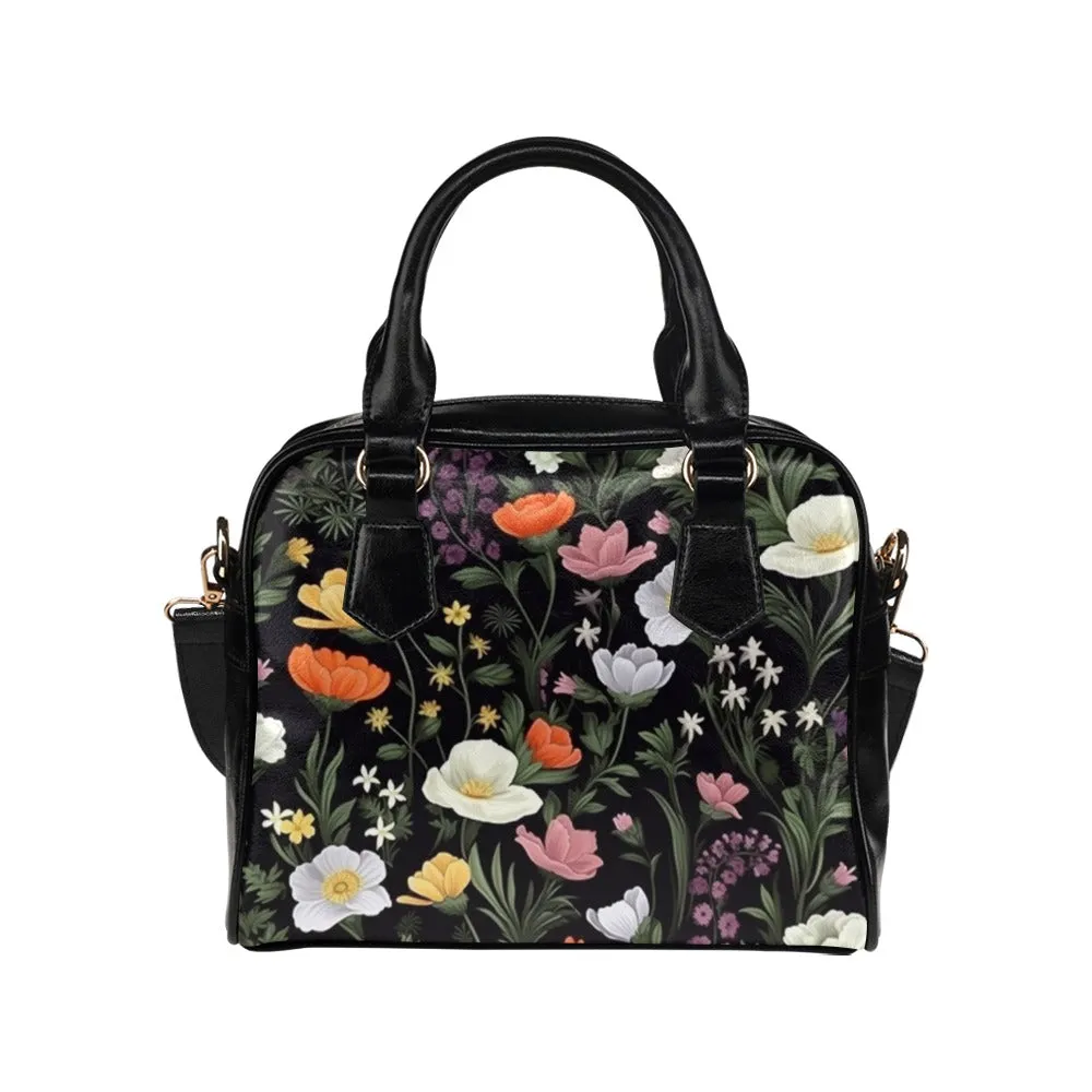 Floral Purse, Wild Flowers Botanical Retro Pattern Cute Small Shoulder Zip Bag Vegan Leather Women Designer Handbag Crossbody Ladies