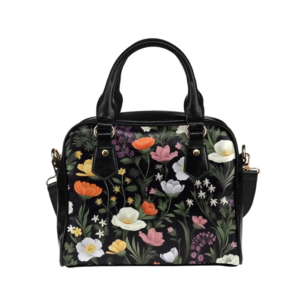 Floral Purse, Wild Flowers Botanical Retro Pattern Cute Small Shoulder Zip Bag Vegan Leather Women Designer Handbag Crossbody Ladies