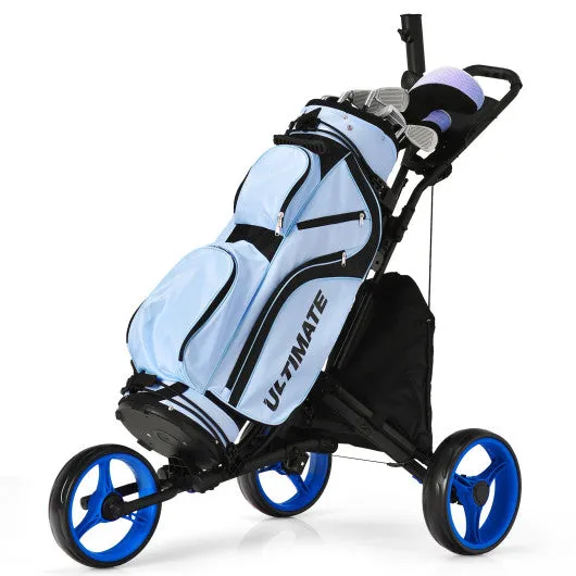 Folding 3 Wheels Golf Push Cart with Bag Scoreboard Adjustable Handle-Blue