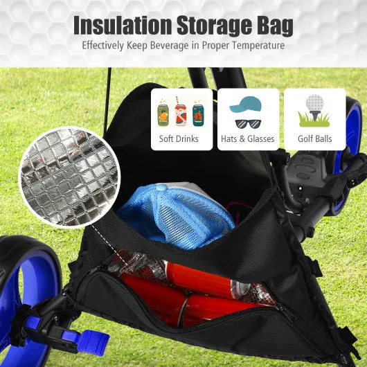 Folding 3 Wheels Golf Push Cart with Bag Scoreboard Adjustable Handle-Blue