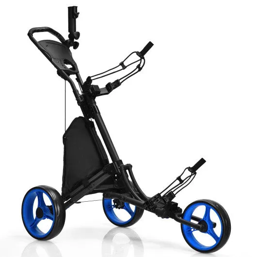 Folding 3 Wheels Golf Push Cart with Bag Scoreboard Adjustable Handle-Blue