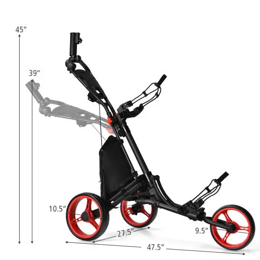 Folding 3 Wheels Golf Push Cart with Bag Scoreboard Adjustable Handle-Red