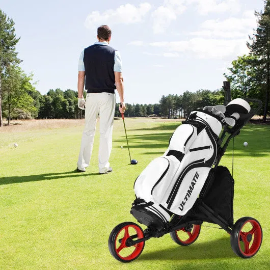 Folding 3 Wheels Golf Push Cart with Bag Scoreboard Adjustable Handle-Red