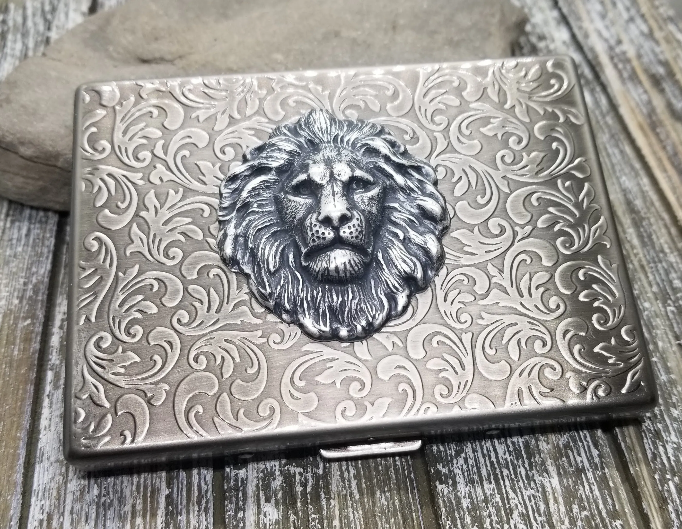 Handmade Antique Silver Embossed Steampunk Lion Cigarette Case