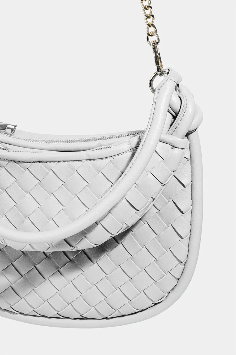 Hot Girl Fame Vegan Leather Basket Weave Half Moon Crossbody Bag In Silver