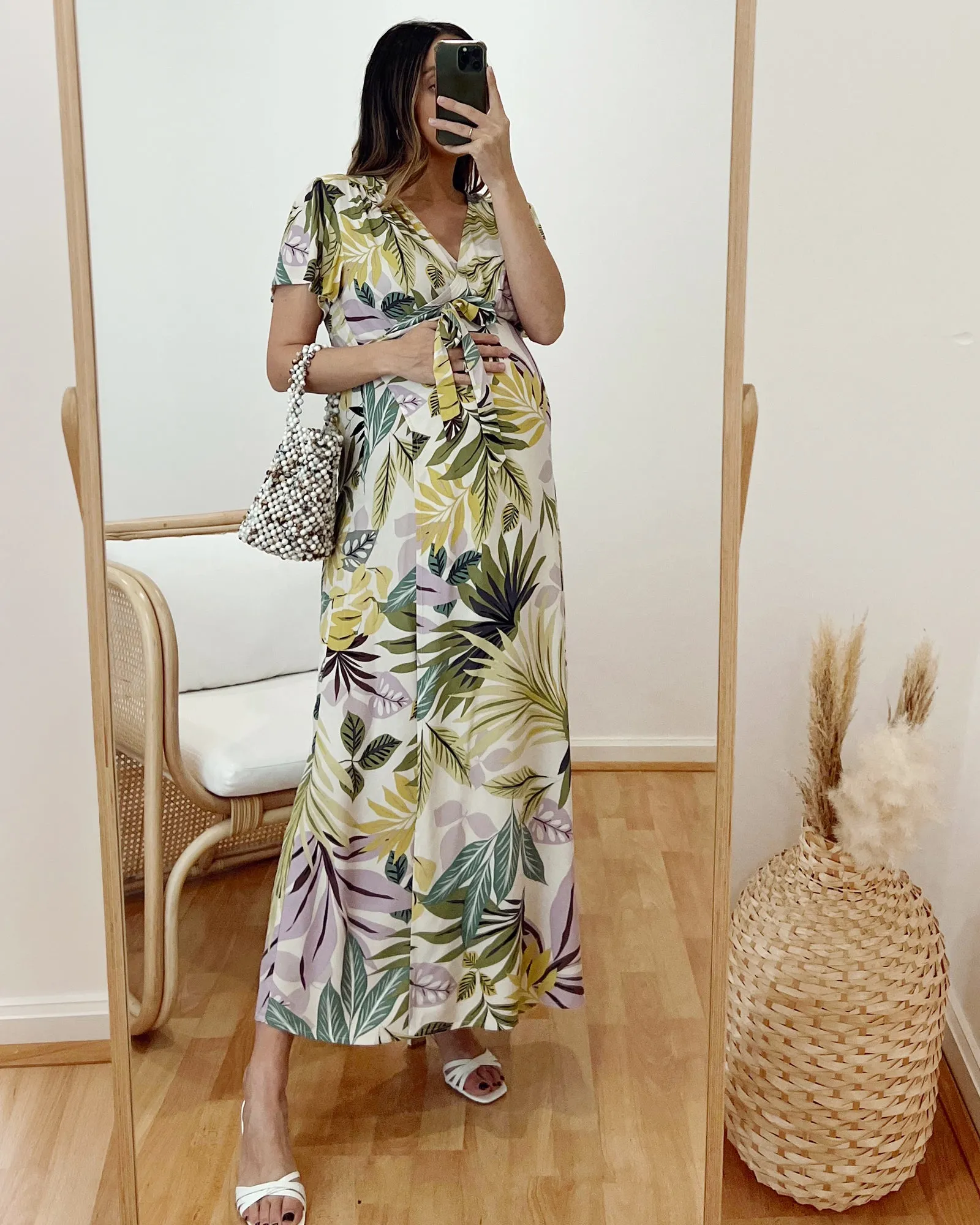 Isabella Maternity Wrap Midi Dress In Green Palm Print