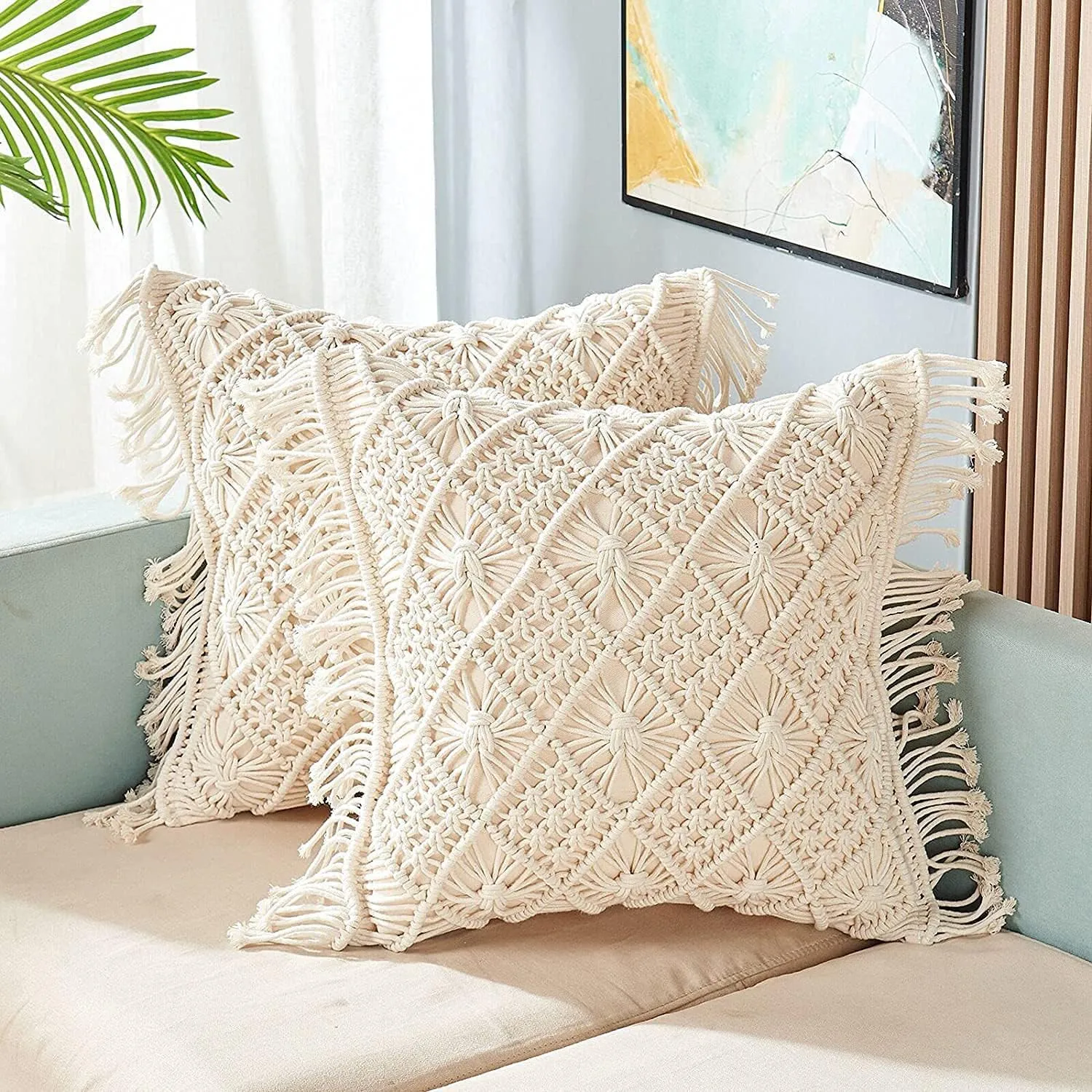 Kaahira Set of 2 Soft Touch Boho Home Decor Macrame Cushion Cover | Bohemian Throw Pillow Case for Sofa, Couch Bed, Living Room - (16x16, Off White)