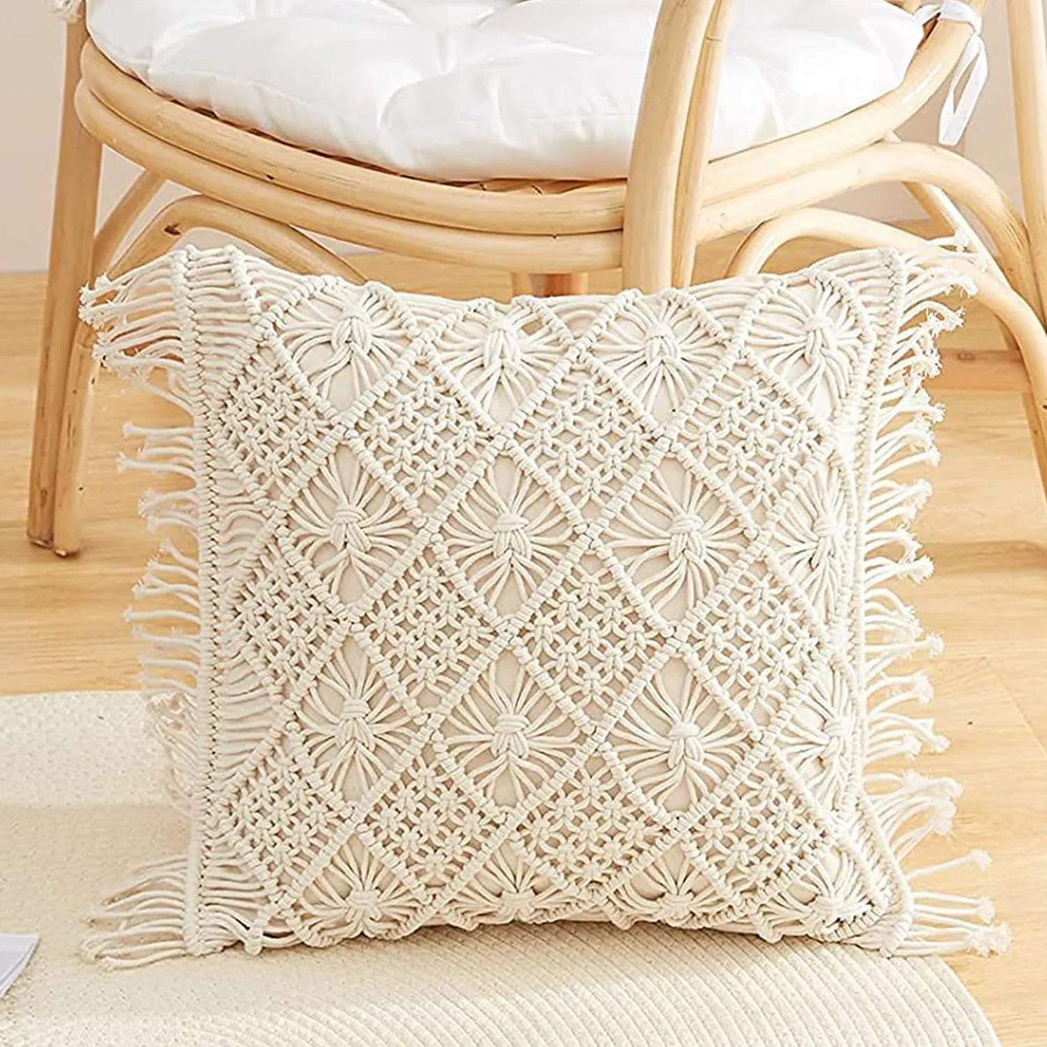 Kaahira Set of 2 Soft Touch Boho Home Decor Macrame Cushion Cover | Bohemian Throw Pillow Case for Sofa, Couch Bed, Living Room - (16x16, Off White)