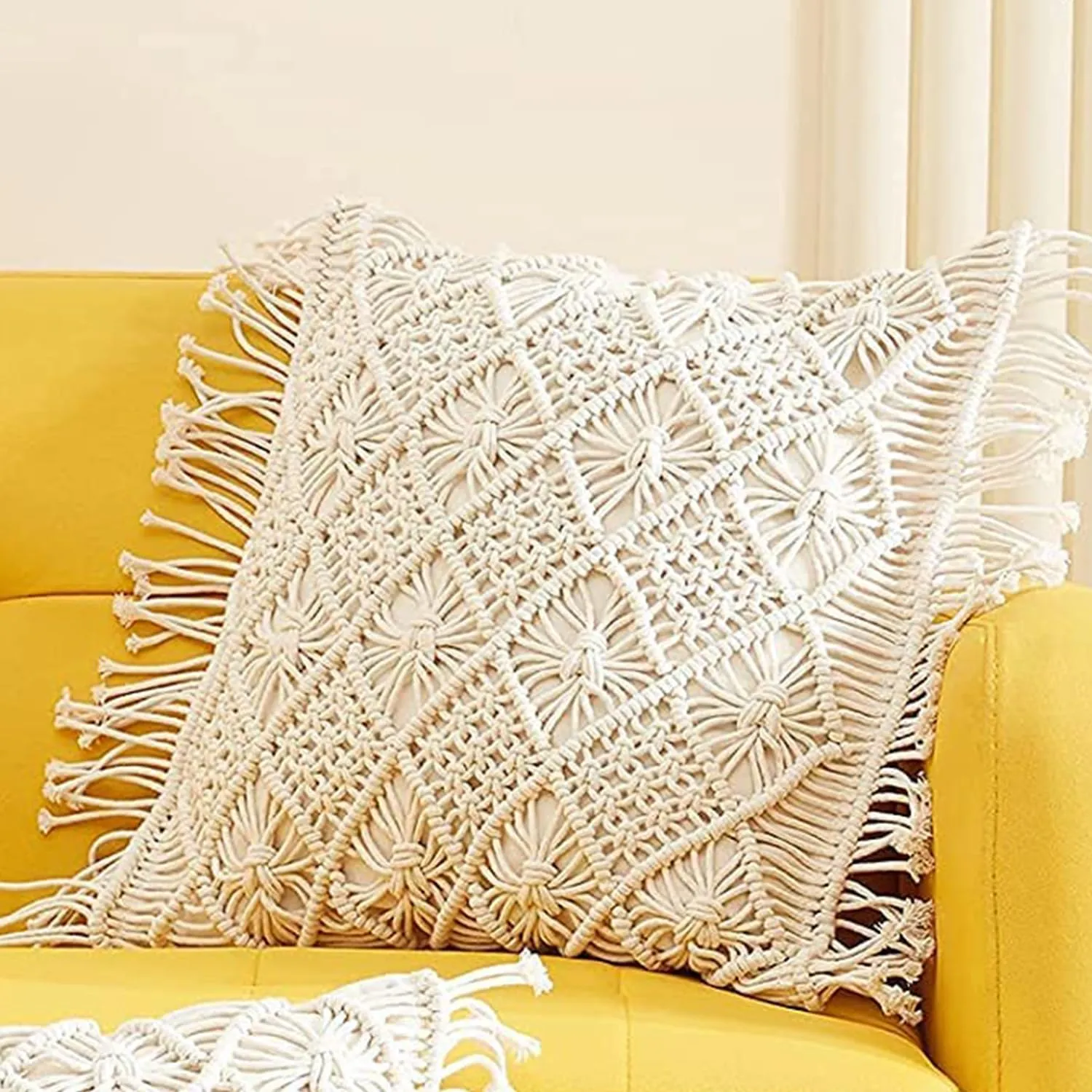 Kaahira Set of 2 Soft Touch Boho Home Decor Macrame Cushion Cover | Bohemian Throw Pillow Case for Sofa, Couch Bed, Living Room - (16x16, Off White)