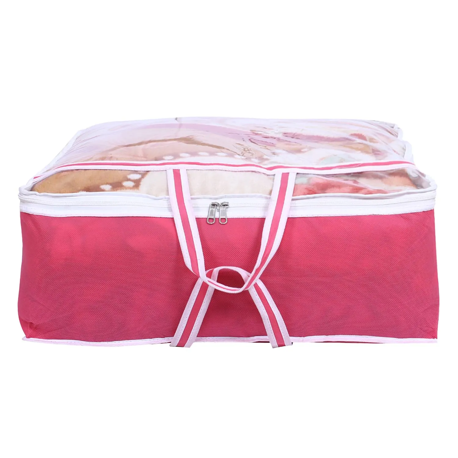 Kuber Industries Blanket Cover | Non-Woven Blanket Cover for Saree | Zipper Storage Bag for Clothes | Wardrobe Organizer with Top Transparent Window | Extra Large | Pack of 2 | Pink