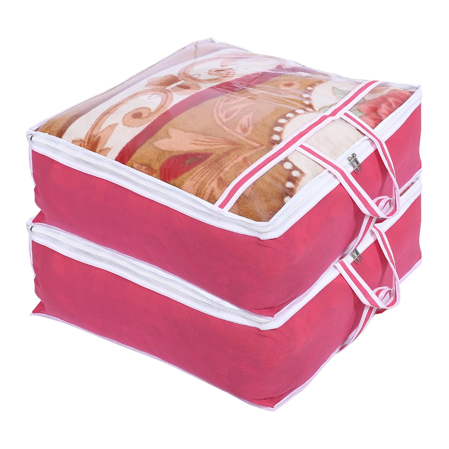 Kuber Industries Blanket Cover | Non-Woven Blanket Cover for Saree | Zipper Storage Bag for Clothes | Wardrobe Organizer with Top Transparent Window | Extra Large | Pack of 2 | Pink