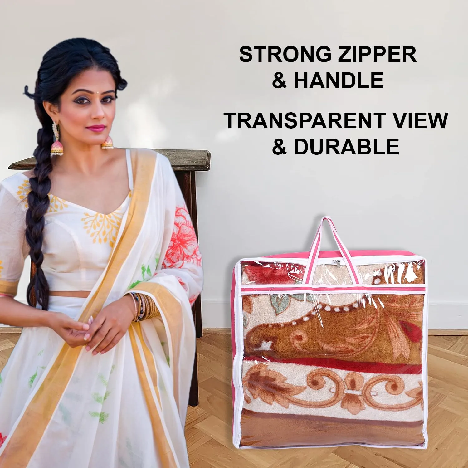 Kuber Industries Blanket Cover | Non-Woven Blanket Cover for Saree | Zipper Storage Bag for Clothes | Wardrobe Organizer with Top Transparent Window | Extra Large | Pack of 2 | Pink