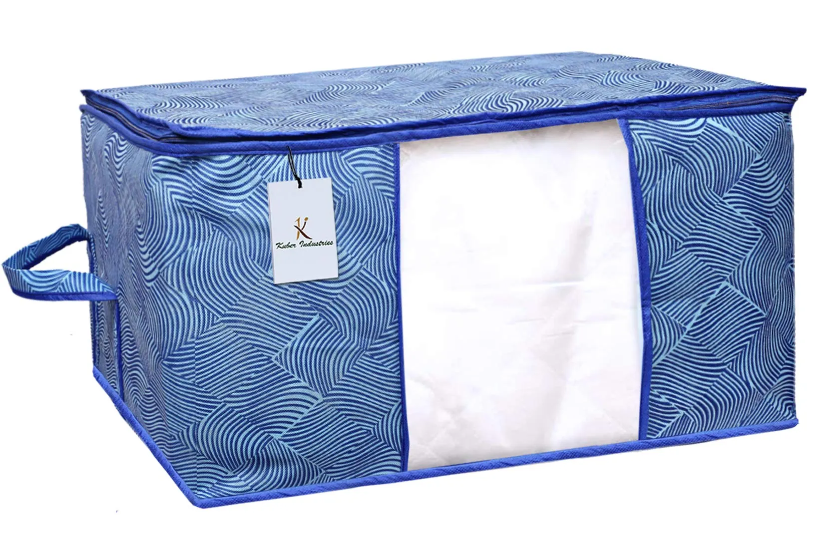 Kuber Industries Leheriya Design Non Woven Underbed Storage Bag|Large Storage Organiser|Blanket Cover with Transparent Window|Size 65 x 47 x 34 CM|Pack of 4 ( Blue)