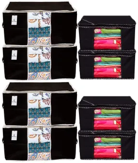 Kuber Industries Non Woven 4 Pieces Saree Cover and 4 Pieces Underbed Storage Bag, Cloth Organizer for Storage, Blanket Cover Combo Set (Black) -CTKTC38470