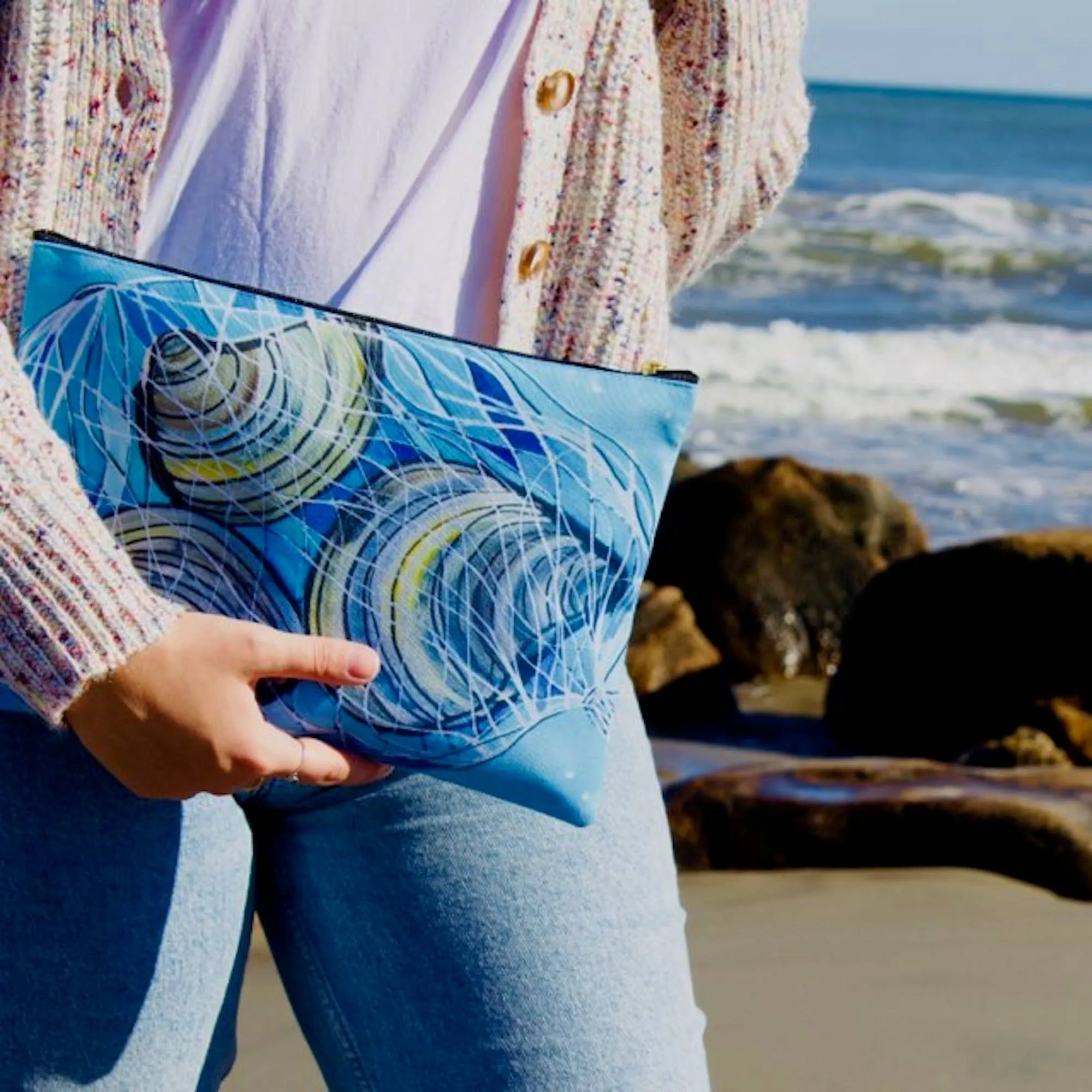 Large Blue Coastal Clams Zipper Clutch Pouch