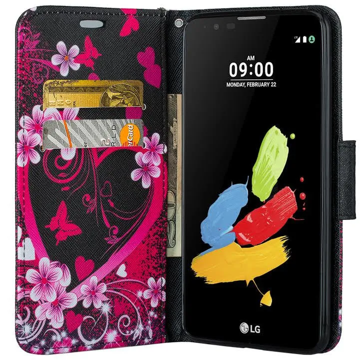 LG Stylo 2 Case, LG Stylo 2 V Wallet Case [Kickstand] Pu Leather Wrist Strap Wallet Case w/ ID & Card Slots & Pocket - Heart Butterflies