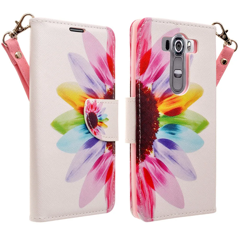 LG V10 Case, Wrist Strap Magnetic Fold[Kickstand] Pu Leather Wallet Case with ID & Credit Card Slots for LG V10 - Vivid Sunflower