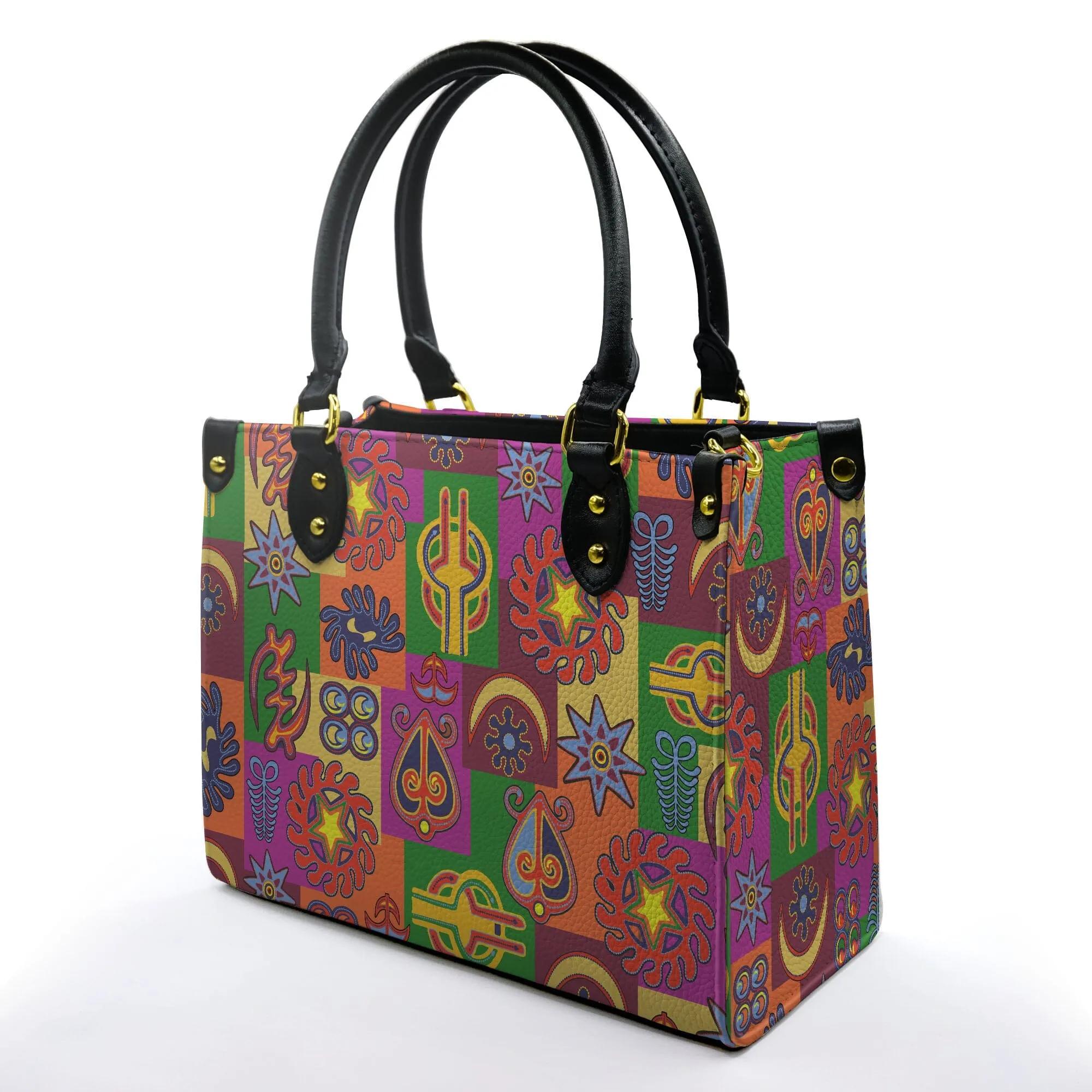 Multicolor Adinkra Symbols Leather Handbag