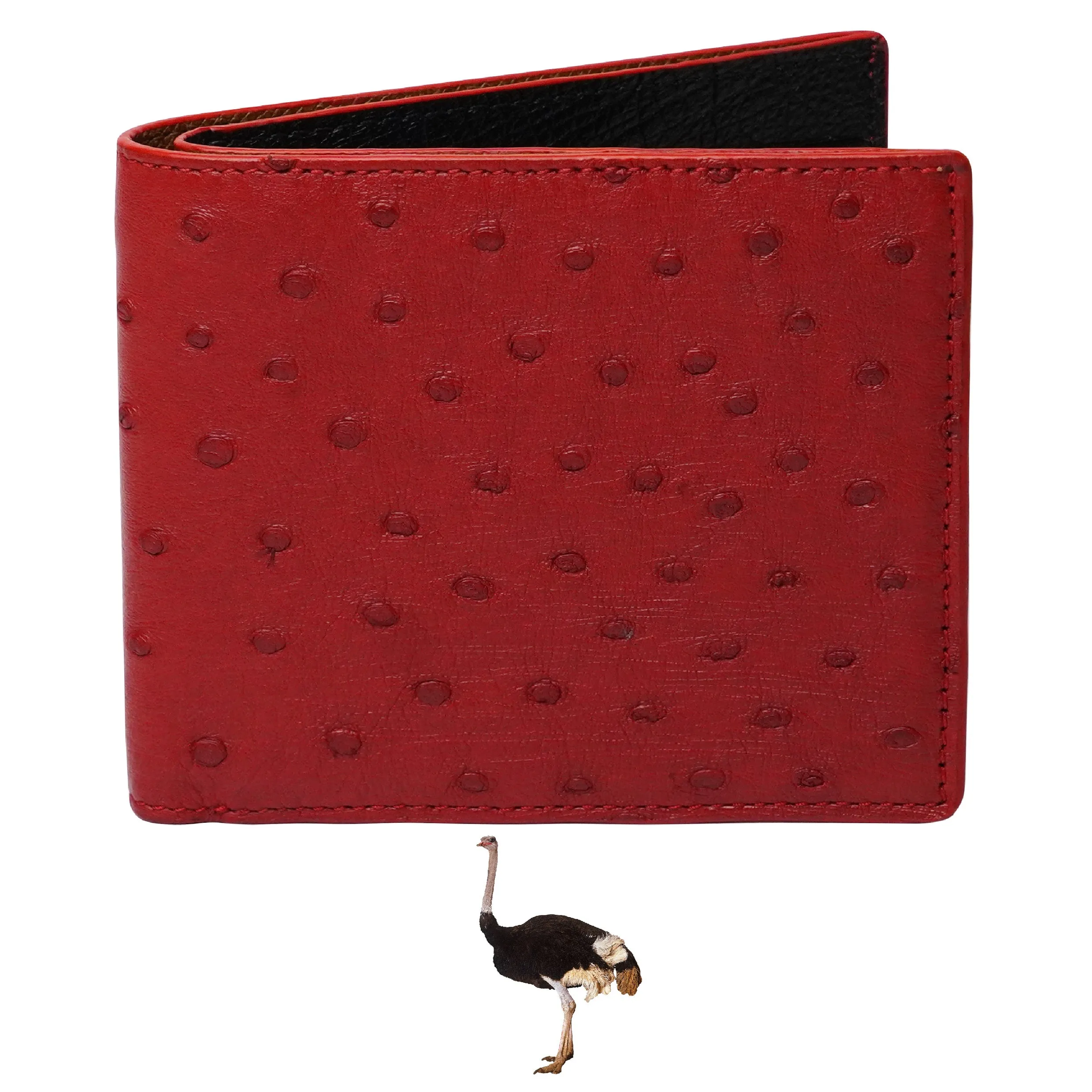 Red Black Double Side Ostrich Leather Bifold Handmade Wallet RFID Blocking | VINAMOS-71