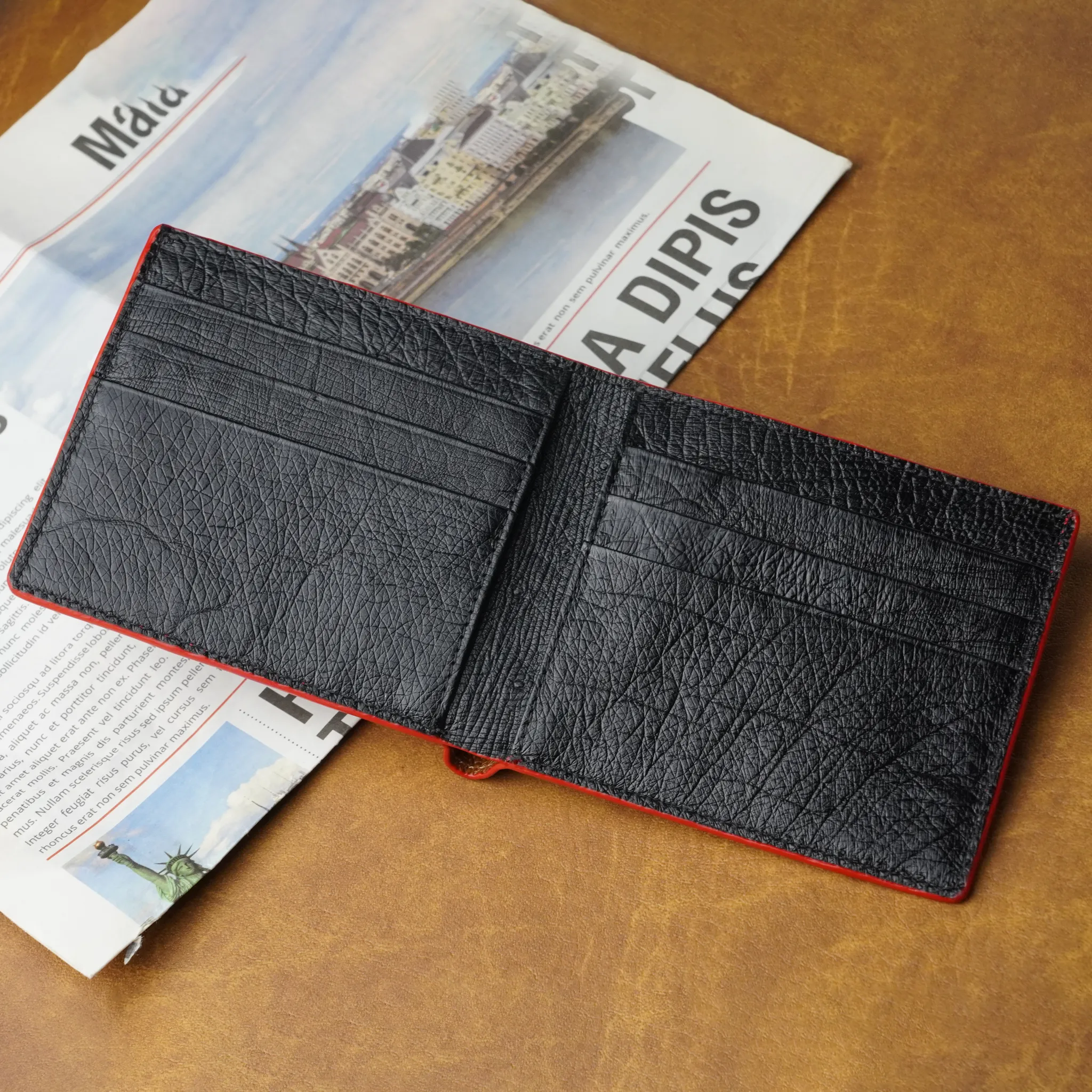 Red Black Double Side Ostrich Leather Bifold Handmade Wallet RFID Blocking | VINAMOS-71