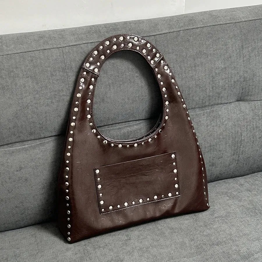 Retro Rivet Oil Wax Leather Shoulder Bag