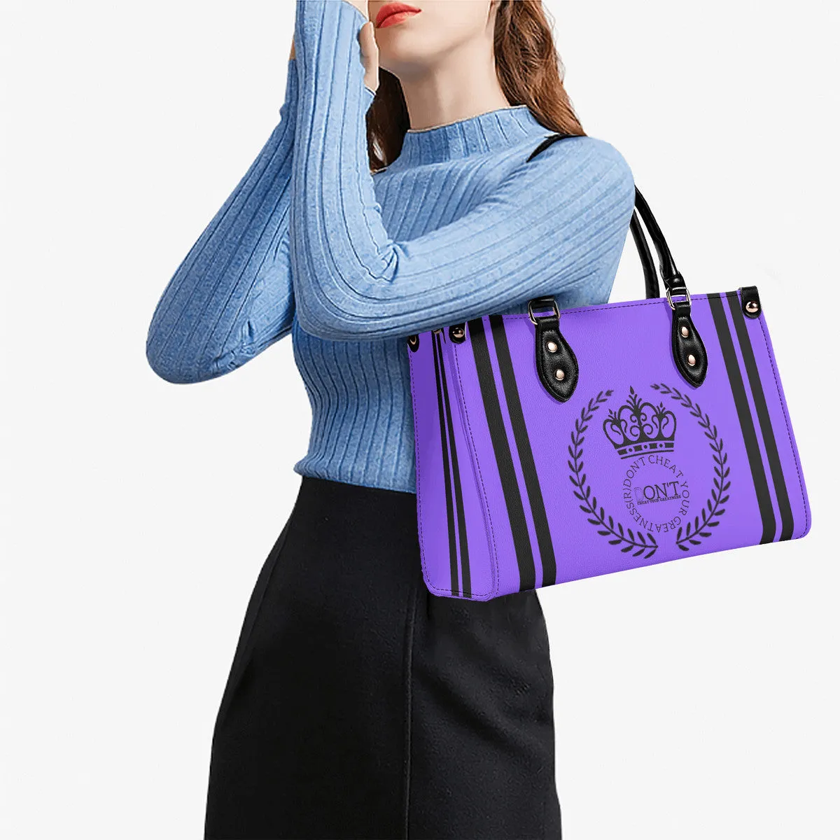 Royalty 24 Black Logo ,Stripes & Purple Multiple Sizes Upgraded Luxury Women PU Leather Handbag