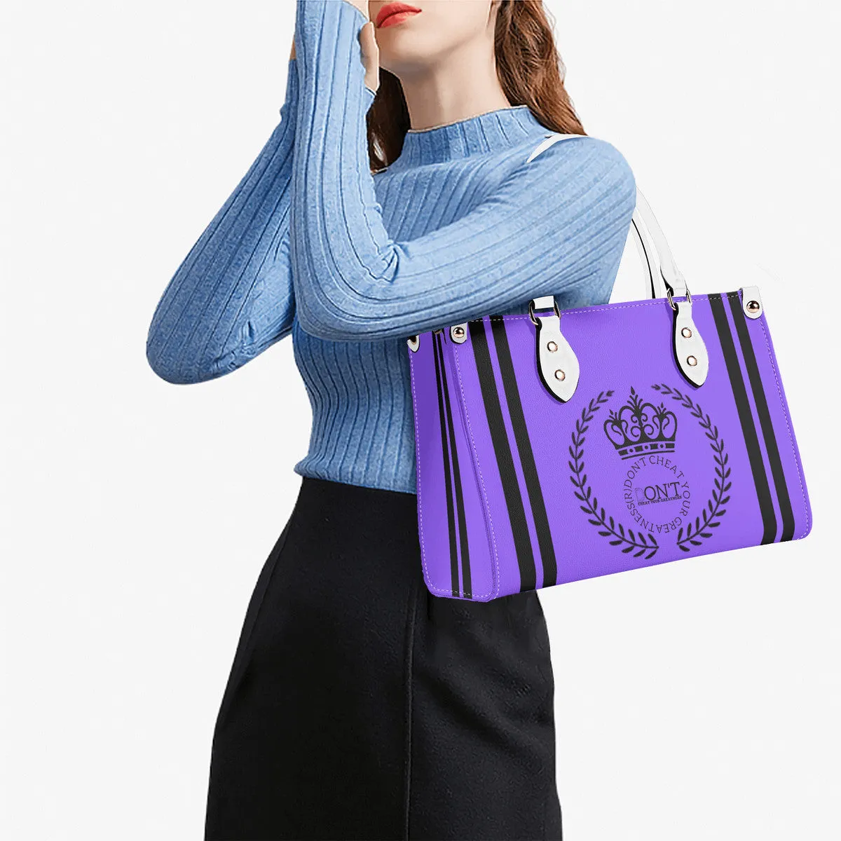 Royalty 24 Black Logo ,Stripes & Purple Multiple Sizes Upgraded Luxury Women PU Leather Handbag