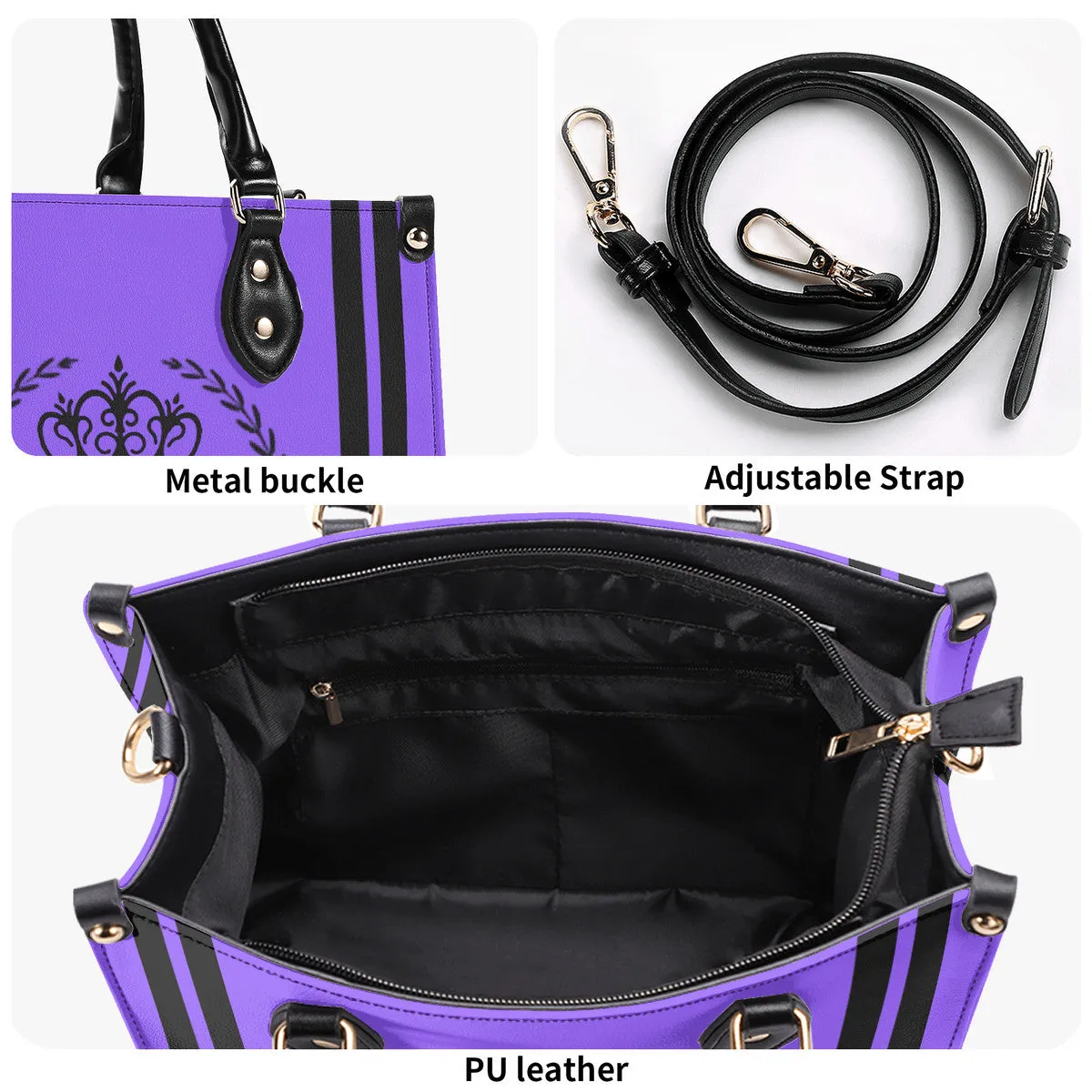 Royalty 24 Black Logo ,Stripes & Purple Multiple Sizes Upgraded Luxury Women PU Leather Handbag