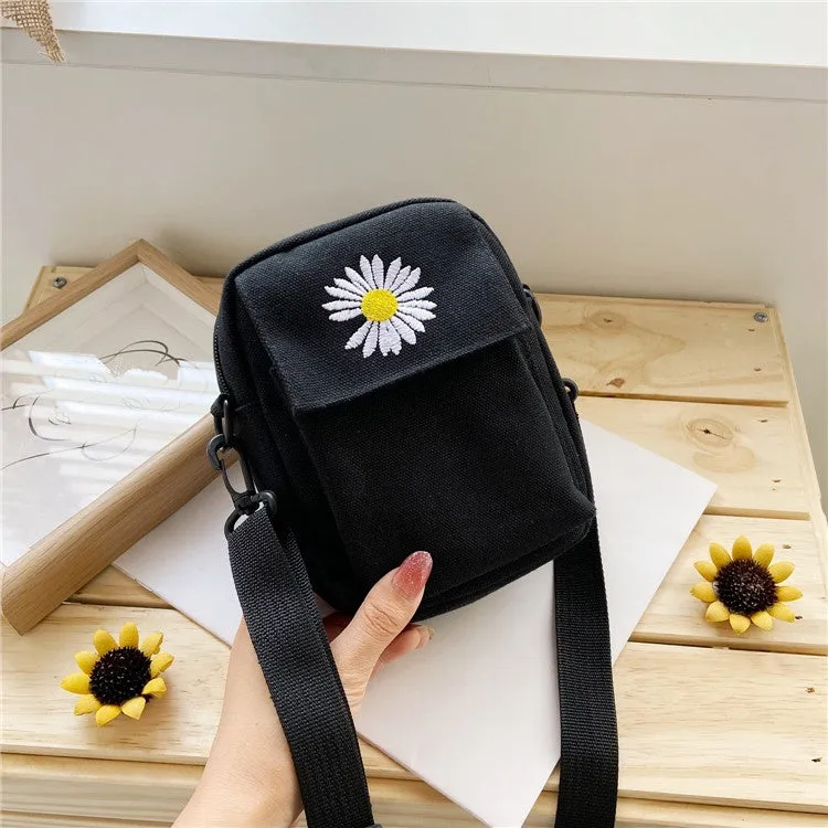 Small Daisy Canvas Small Bag Girl New Ins Japanese Messenger Bag Literary Student Shoulder Mobile Phone Bag