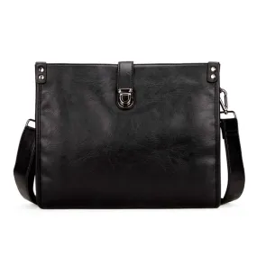 Solid Black Snap Fastened Leather Shoulder Bag