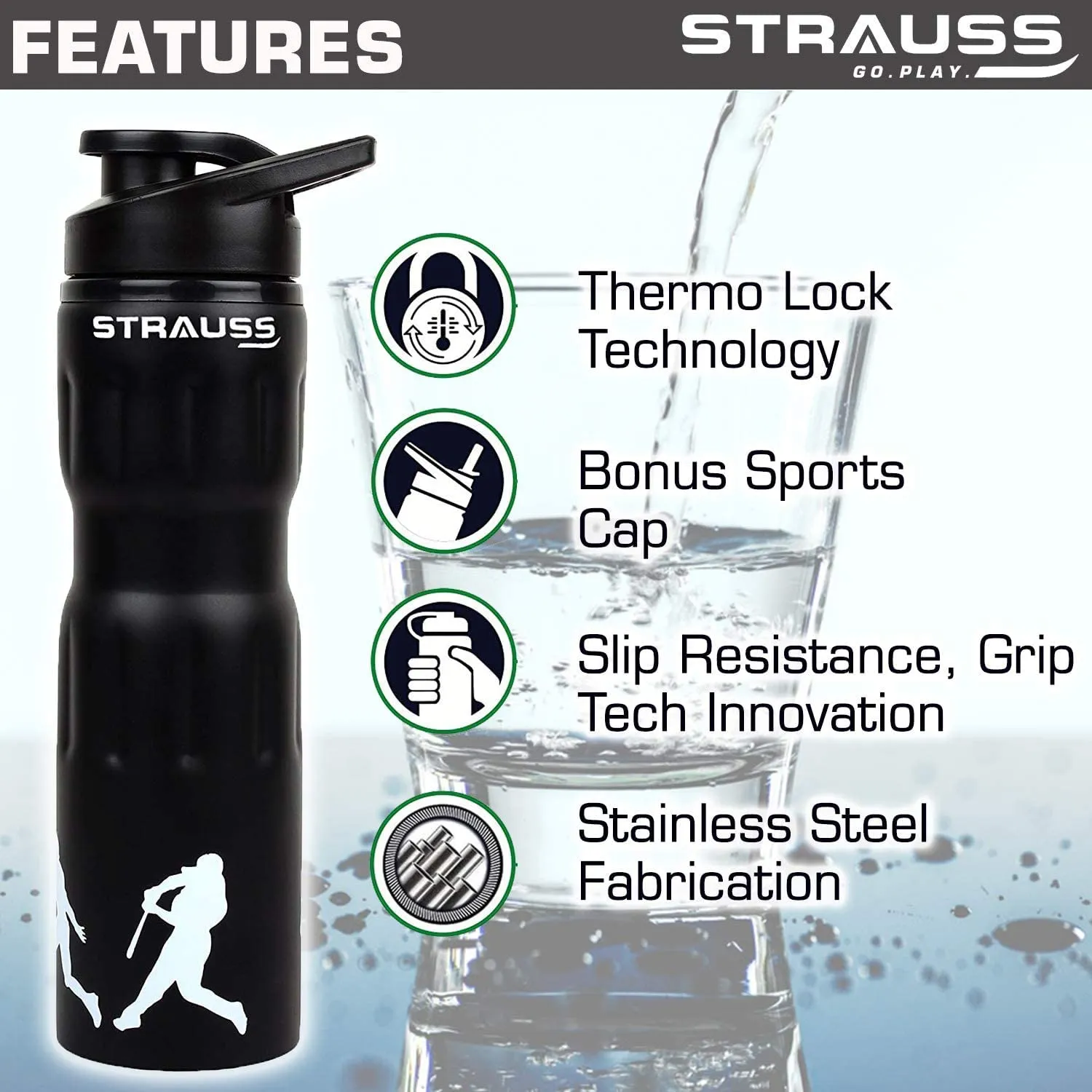 STRAUSS Stainless Steel Water Bottle | Gym Shaker Bottle | Sipper Bottle | Gym Bottle