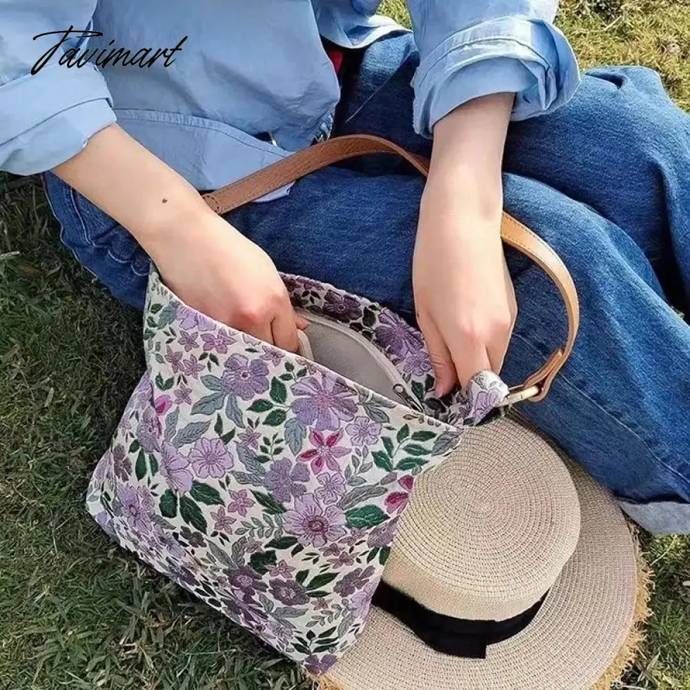 Tavimart Spring Summer Purple Exquisite Embroidery Flower Blossom PU Shoulder Strap Handbag Underarm Bags With Zipper