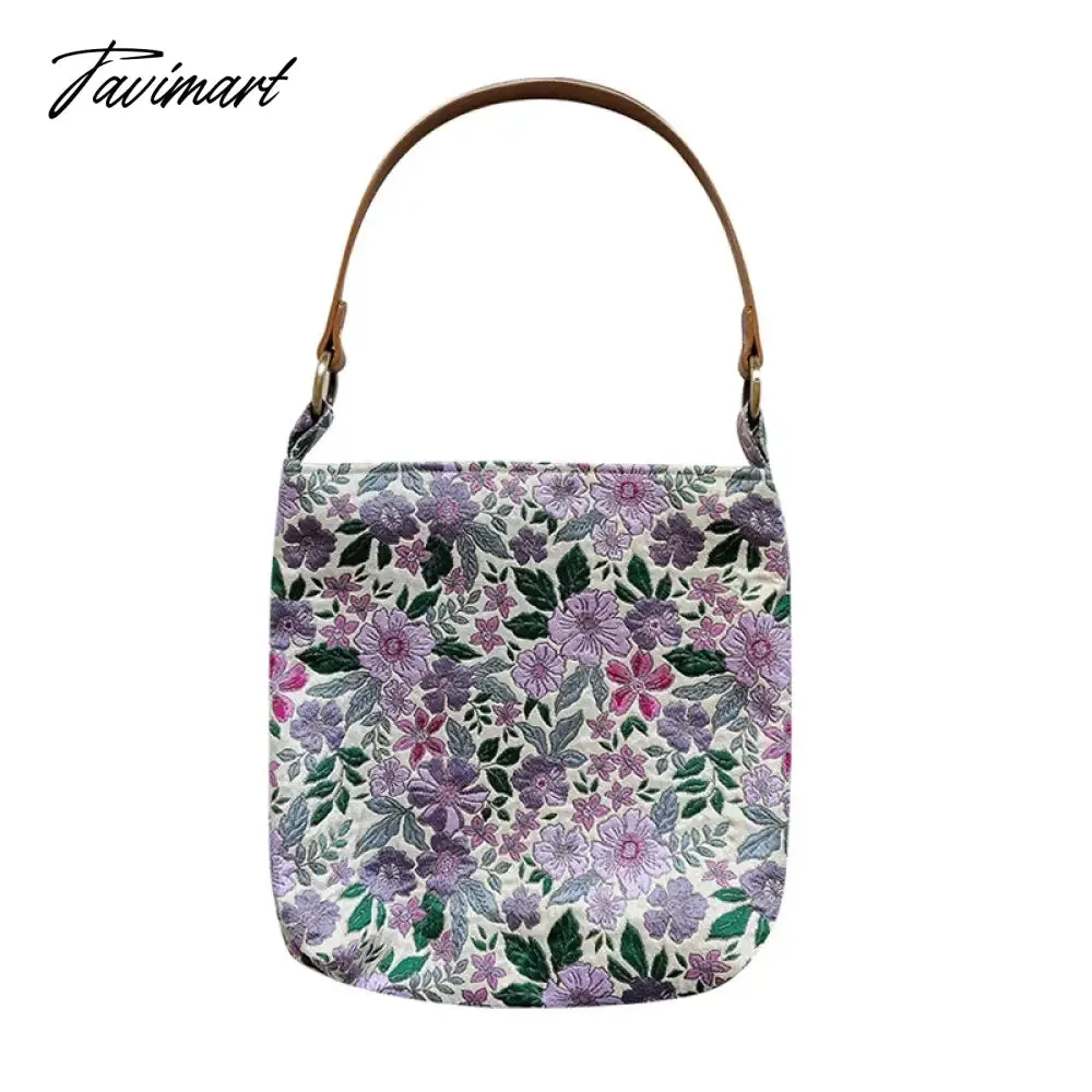 Tavimart Spring Summer Purple Exquisite Embroidery Flower Blossom PU Shoulder Strap Handbag Underarm Bags With Zipper