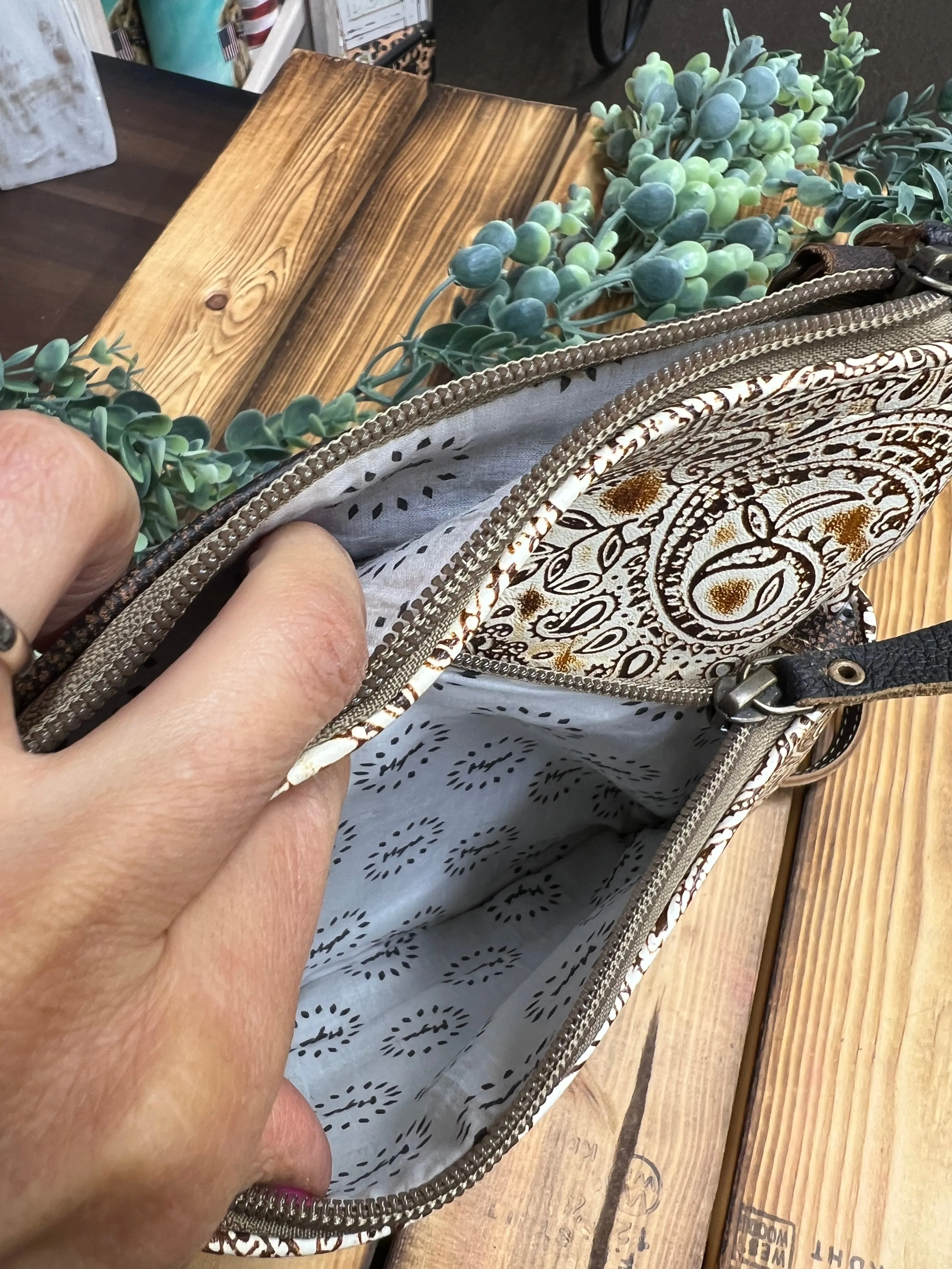 Tooled Print Hair on Hide Crossbody Bag