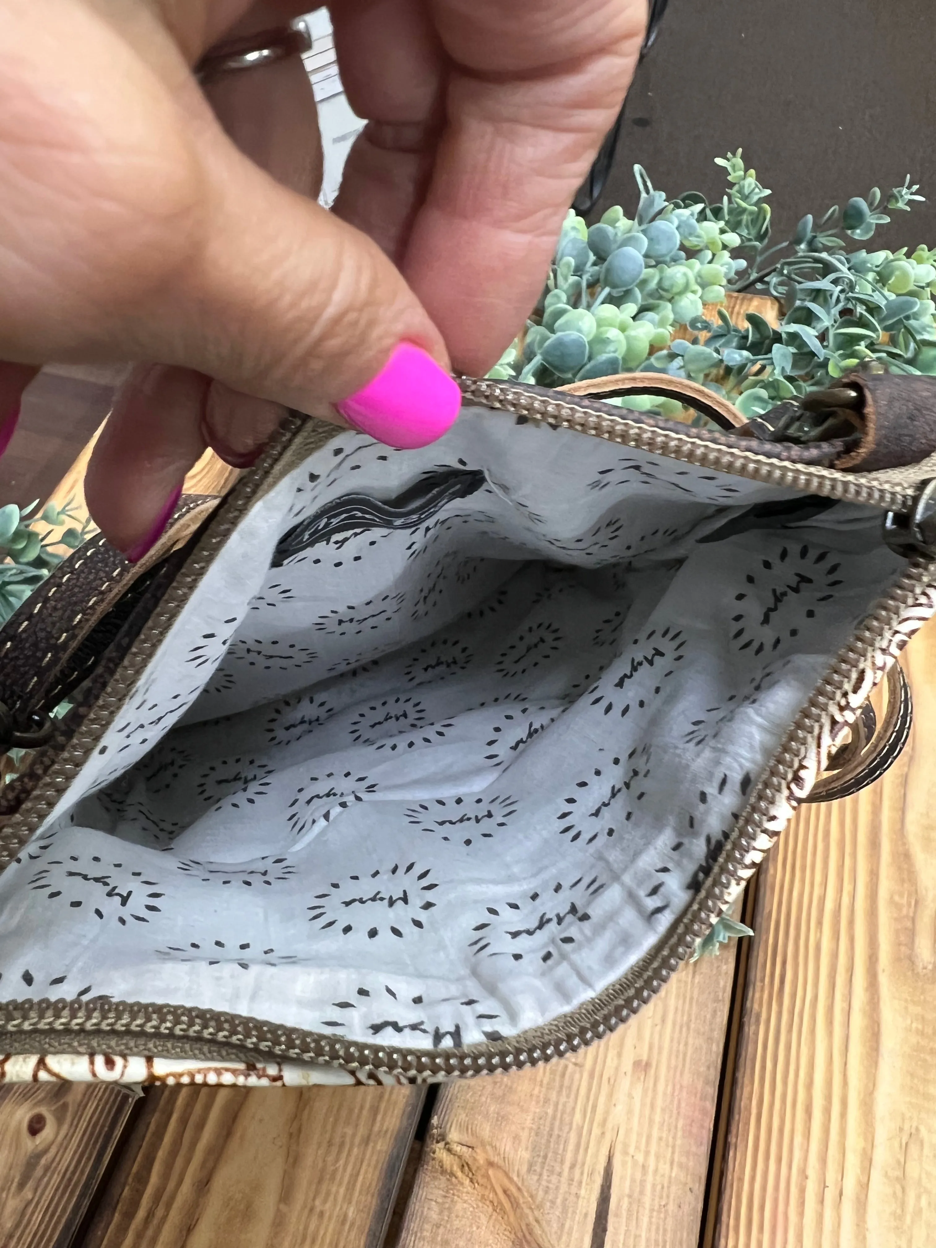 Tooled Print Hair on Hide Crossbody Bag