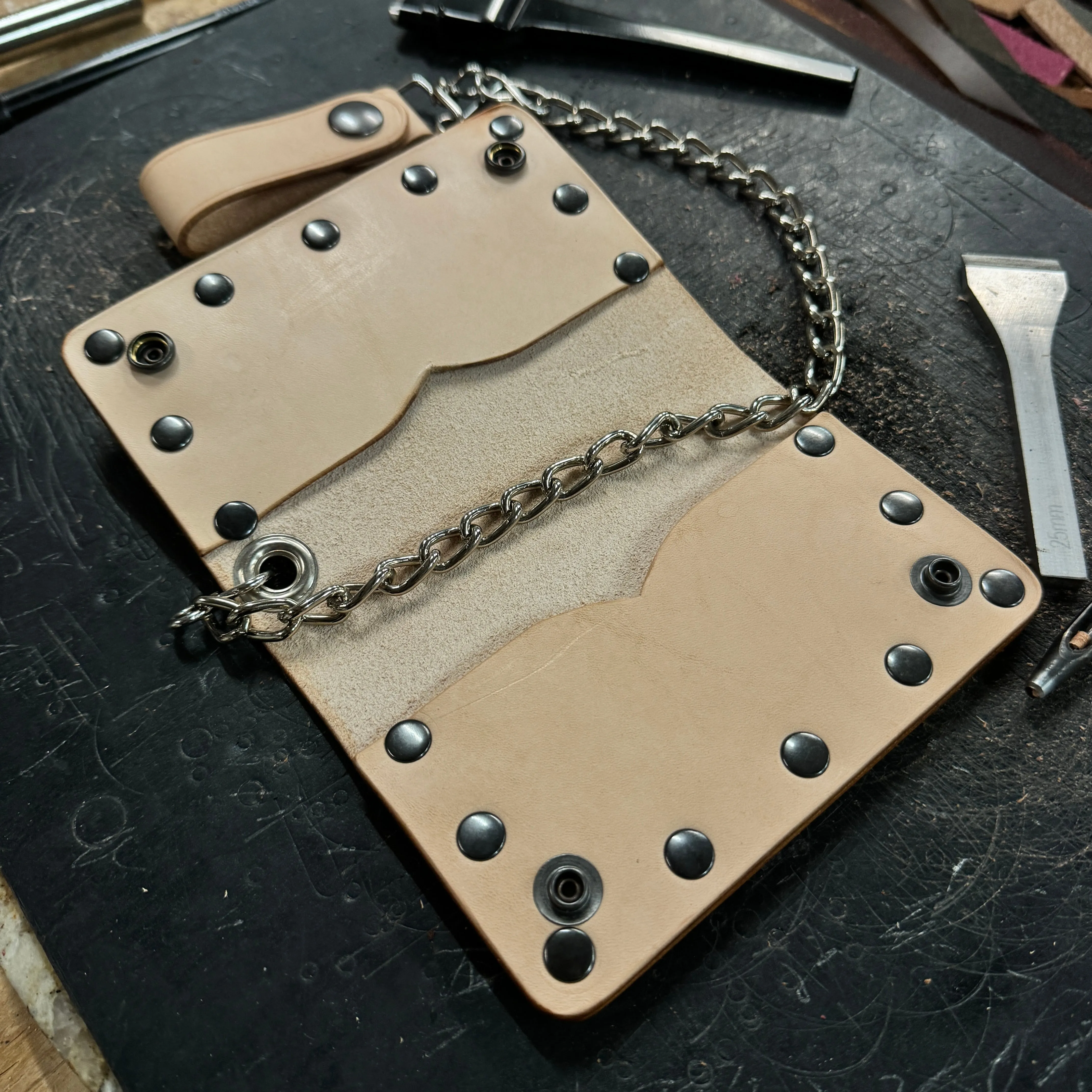 Veg Tan Biker Bifold Chain Wallet - Natural Vegetable Tanned Cowhide Leather with Rivets