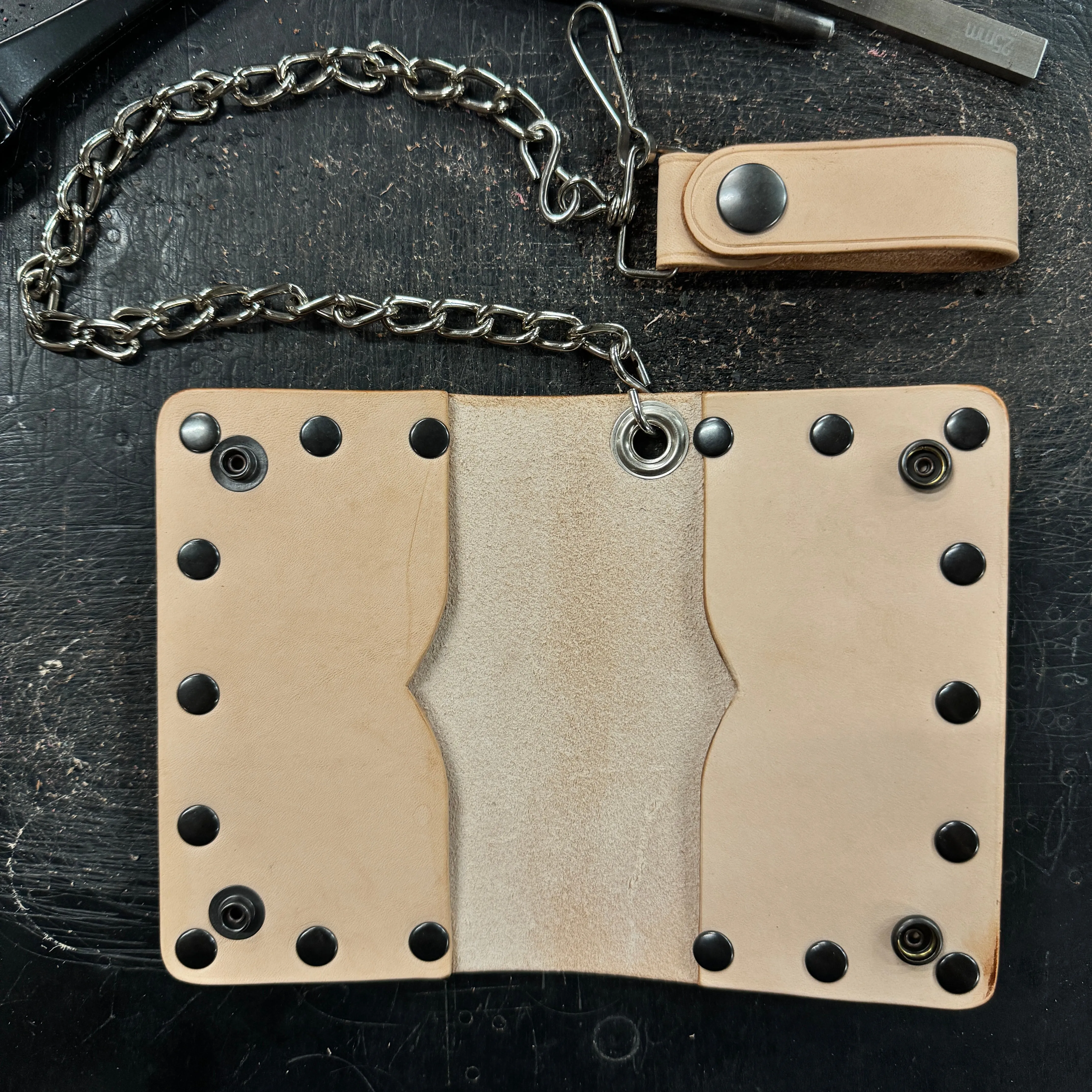 Veg Tan Biker Bifold Chain Wallet - Natural Vegetable Tanned Cowhide Leather with Rivets